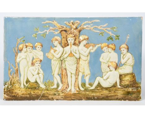 Melody a rare Della Robbia tile plaque by Ellen Mary Rope, rectangular, cast in low relief with children playing musical inst