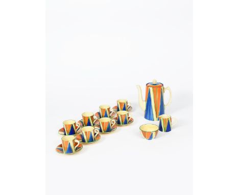 'Original Bizarre' a Clarice Cliff Bizarre Tankard coffee set for eight, painted with orange, blue and brown, triangles, outl