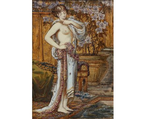 An Aesthetic Movement tile panel by W J W Nunn probably Doulton Faience, painted with a semi dressed bathing maiden standing 