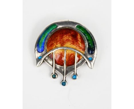 A Robert Pringle and Sons Secessionist silver and enamel brooch,   circular form cast in low relief with pendulous drops, ena