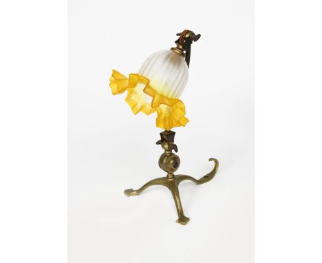 A WAS Benson brass table/wall lamp, tripod foot with articulated stem, frosted glass shade unsigned, 32cm. high Provenance Th