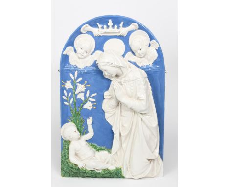 'Adoration of the Magi' a Cantagalli Della Robbia style pottery panel, rounded, rectangular form, modelled in relief with the