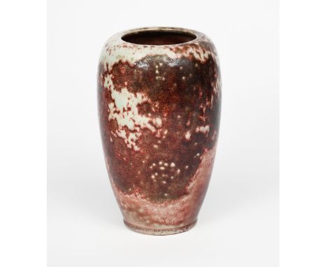 A Ruskin Pottery high-fired stoneware vase by William Howson Taylor, shouldered form with inverted top rim, covered in a runn