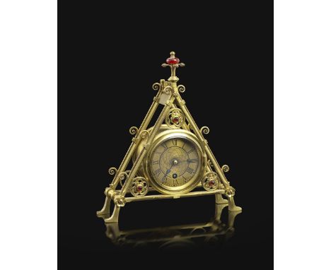 A rare Reformed Gothic brass mantel clock designed by Bruce Talbert,  probably manufactured by Cox &amp; Co or Hart, Son, Pea