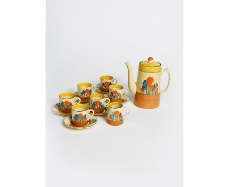 'Crocus' a Clarice Cliff Bizarre Tankard coffee set for six,  painted in colours between yellow and brown bands, comprising, 