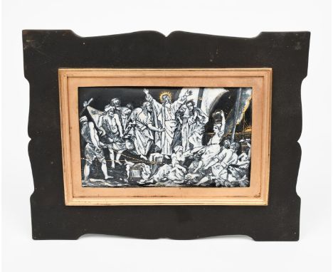 Cast Your Nets a George Hunt enamel plaque, painted with the biblical scene, probably John Chapter 21,  in brass and ebonised