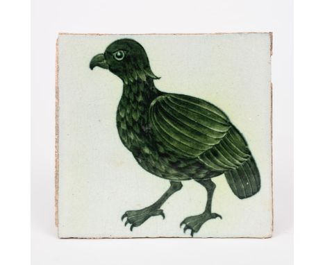 A William De Morgan Late Fulham Period Partridge tile, painted in shades of green on a white ground,  impressed factory mark,