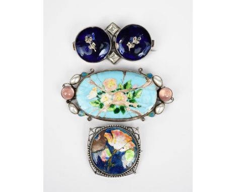 A large George Hunt silver and enamel brooch,  oval frame set with rose quartz and abalone shell stones, flanked with blue en