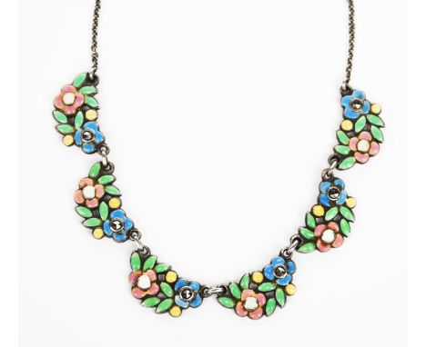 A silver and enamel flower necklace attributed to Bernard Instone,  six small panels of stylised flowers enamelled in shades 