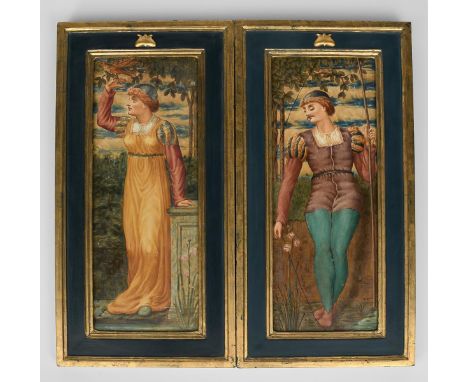 A pair of Aesthetic Movement Copeland tile plaques by T Keeting,  rectangular, painted with a  maiden resting by an empty pli