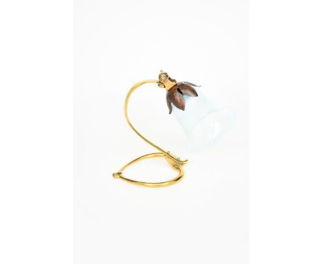 A W A S Benson brass table/wall lamp,  the heart-shaped base supporting curved stem and articulated fitting, copper foliate s