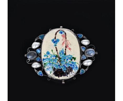 A George Hunt silver and enamel brooch, dated 1937, the wirework frame with blue enamelled leaves and set with four abalone s