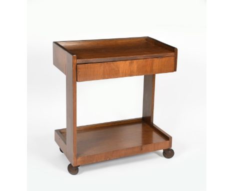 A mahogany serving trolley in the manner of Gerald Summers for Makers of Simple Furniture,  rectangular top with rail and fit