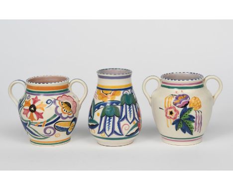 An Art Deco Poole Pottery  vase, pattern TY, swollen form, painted with bell flowers in colours on a white ground, and two Po