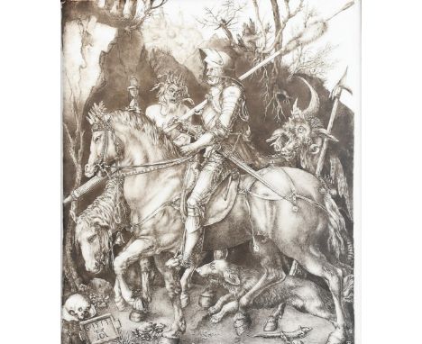 Knight Death and the Devil a large Minton's tile, after an engraving by Albrecht Durer in 1513, painted en- grisaille with a 