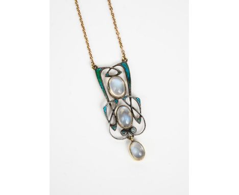 A Liberty &amp; Co silver and enamel pendant necklace designed by Archibald Knox, the millegrain wirework Celtic entrelac fra