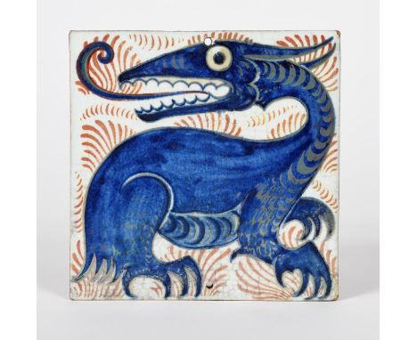 A William De Morgan Late Fulham Period lustre Long-tongued Beast tile, painted in blue and silver lustre on a white ground wi