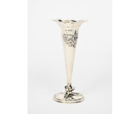 An Arts and Crafts William Hutton &amp; Sons silver vase designed by Kate Harris, flaring cylindrical body with everted flute