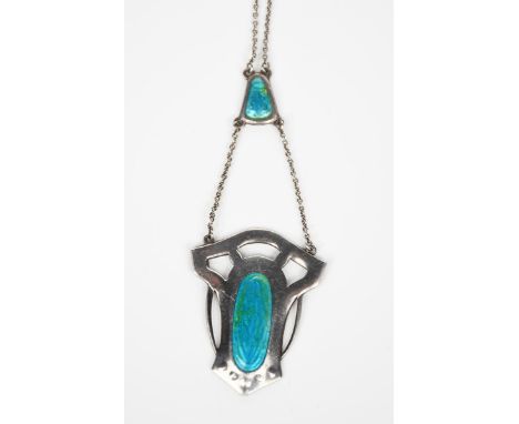 A Charles Horner silver and enamel pendant necklace,  pierced shield form, cast in low relief and enamelled in shades of blue