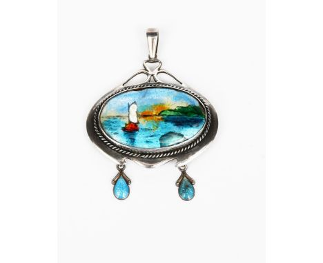 A silver and enamel pendant necklace in the manner of Fleetwood Charles Varley, oval with rope border, enamelled with a boat 