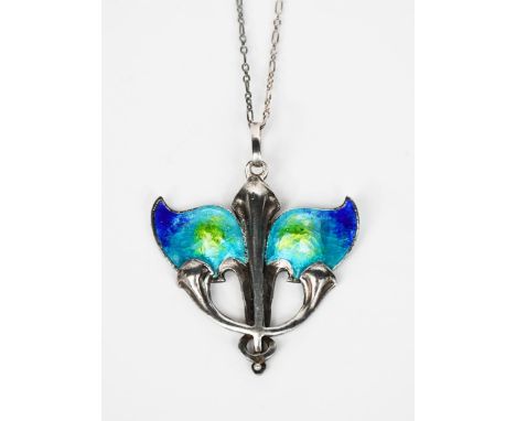 An Art Nouveau William H Haseler silver and enamel pendant necklace, pierced and cast with foliate design, enamelled in shade