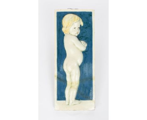 A Della Robbia Pottery plaque by Marian de Caluwe, rectangular, cast in relief with a young child, glazed in shades of yellow