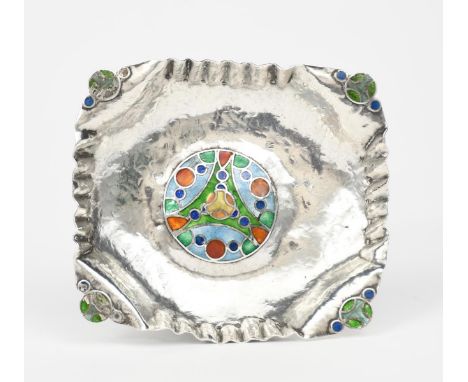 An Arts and Crafts small silver and cloisonne enamel dish, rectangular, with fluted rim, with central geometric roundel in re