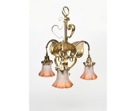 An English brass three branch ceiling light,   with three foliate branches and brass reflector leaves, acid etched shades, un