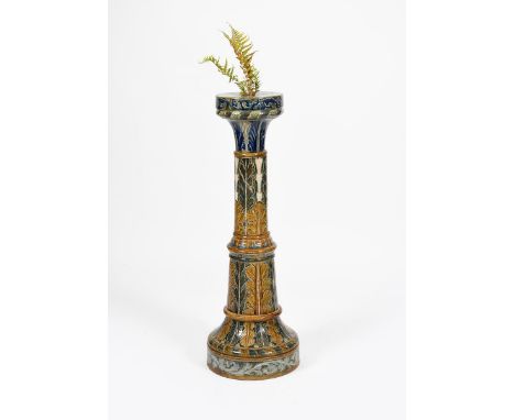 A tall Doulton Lambeth stoneware sundial base,  dated 1876, tall, slender cylindrical form with knop, incised with foliate ba