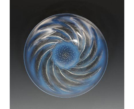 'Poissons' No. 3263 a Lalique opalescent glass bowl designed by Rene Lalique,  decorated with radiating fish design, stencil 