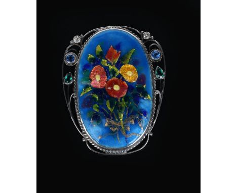 An impressive large George Hunt silver and enamel brooch, dated 1929, the oval wirework frame with stylised foliate sprays se