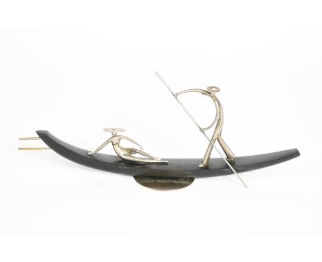 Hagenauer, manner of Gondoliers on a boat ebonised wood and silvered bronze stamped SK monogram for Salzburger Kollektion 36.