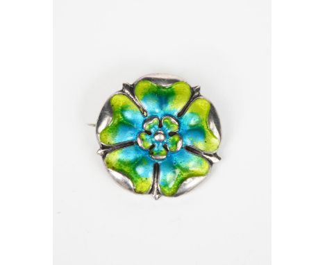 A James Fenton silver and enamel Tudor Rose brooch, cast in low relief and enamelled in lime green and blue stamped marks, Bi