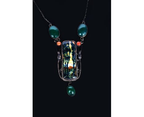 A George Hunt silver and enamel pendant necklace,  wirework frame with leaf motif, set with two coral cabochon, the rectangul