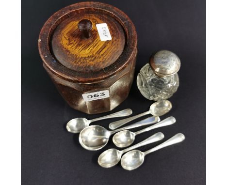 ANTIQUE TEA CADDY, SILVER SPOONS &amp; SILVER TOPPED SCENT BOTTLE