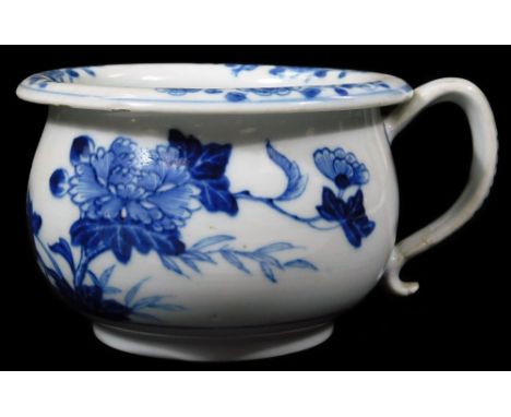 A Chinese porcelain Nanking Cargo chamber pot, of small size with scroll handle and globular body with round lip, decorated i