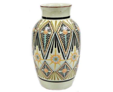 A 1950s Deirdre Wood Devon Babbacombe pottery vase, of shouldered form, polychrome decorated with a repeat diamond and star b