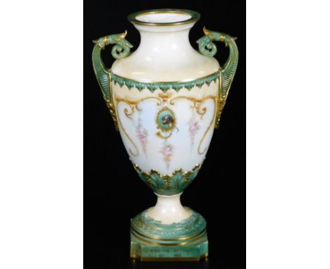 A late 19thC Royal China Works Worcester porcelain vase, the urn shaped body centred with a portrait of a dog, with hunting h