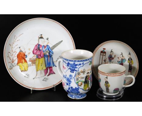 A Chinese porcelain export tankard, of bell shaped form, handpainted with a panel set with figures in flowing robes before tr