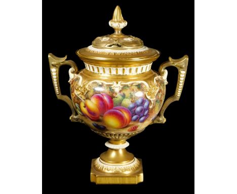 A 20thC Royal Worcester porcelain fruit pattern potpourri jar and cover, by Harry Ayrton, the compressed pierced lid with aco