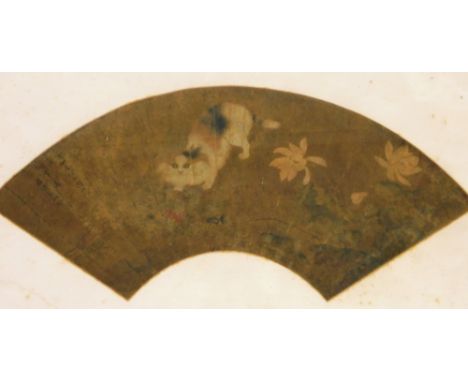 19thC Oriental School. Cat and flowers, partially painted on paper, signed and watermarked, possibly an epaulette design or d
