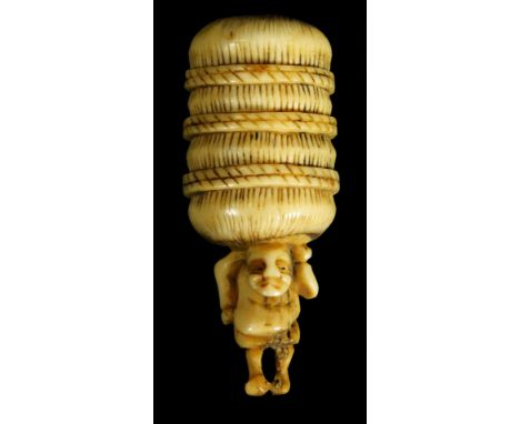 A Japanese Meiji ivory netsuke, in the form of a amusing figure holding up his clothes while carrying a large buddle on his h