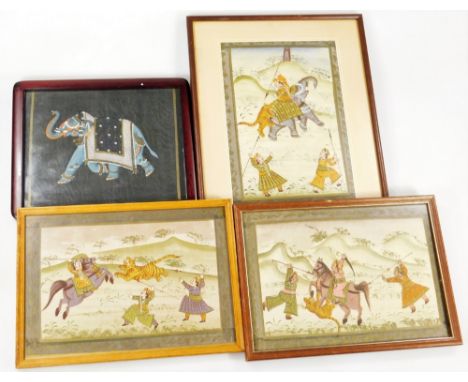 Late 19thC Indian School. Figures on horseback and other huntsmen hunting a tiger, probably silk work, hand touched and paint