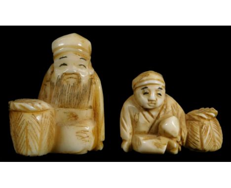 Two early 20thC ivory netsuke, of figures with baskets, 2cm H.