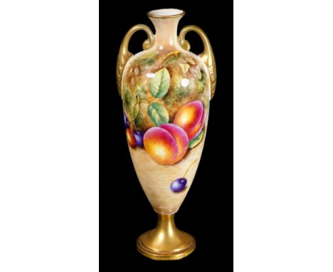 A 20thC Royal Worcester porcelain fruit painted vase, by P Lynes, handpainted with autumnal fruits, peaches and cherries, the