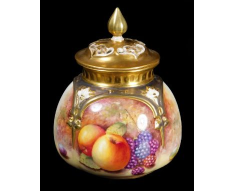 A 20thC Royal Worcester porcelain potpourri jar and cover, by Christopher Hughes, handpainted with brambles and gooseberries,