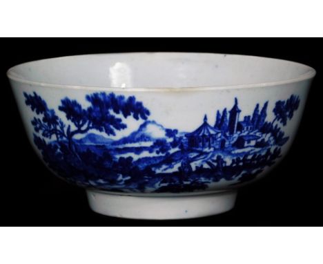 An 18thC Worcester porcelain bowl, c.1780, printed in blue and white with the European Landscape pattern, marked with the dis