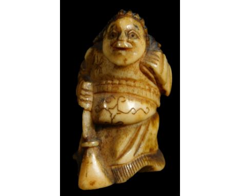 A Japanese Taisho period ivory netsuke, of a lady with a broom, signed, 3cm H.