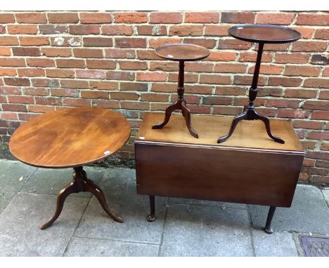 A 20th century mahogany Pembroke table with tapered legs and pad feet (damaged see picture) together with three other tripod 