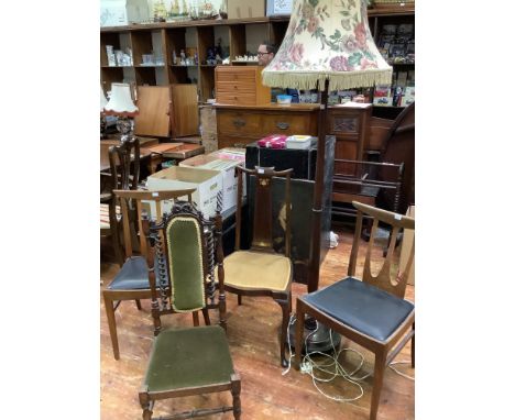 An Art Nouveau parlour chair, Victorian barley-twist nursing chair and a stained wood standard lamp together with a pair of G